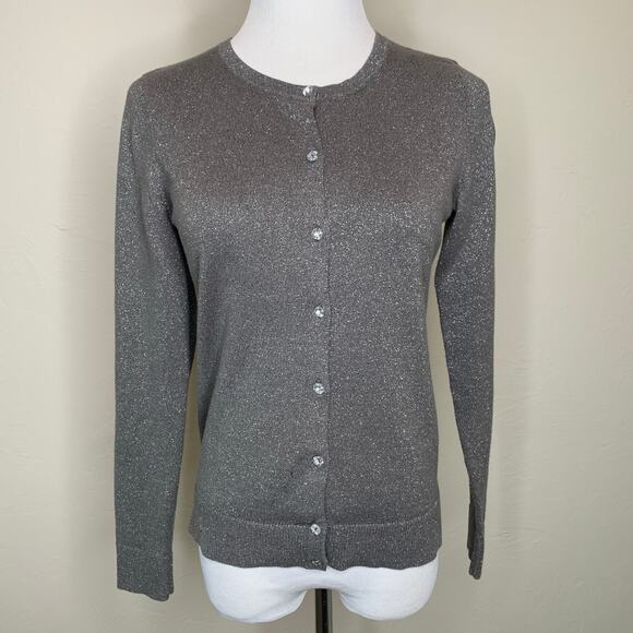 LOFT Gray Silver Metallic Cardigan Hight Neck Small Petite - Picture 1 of 8